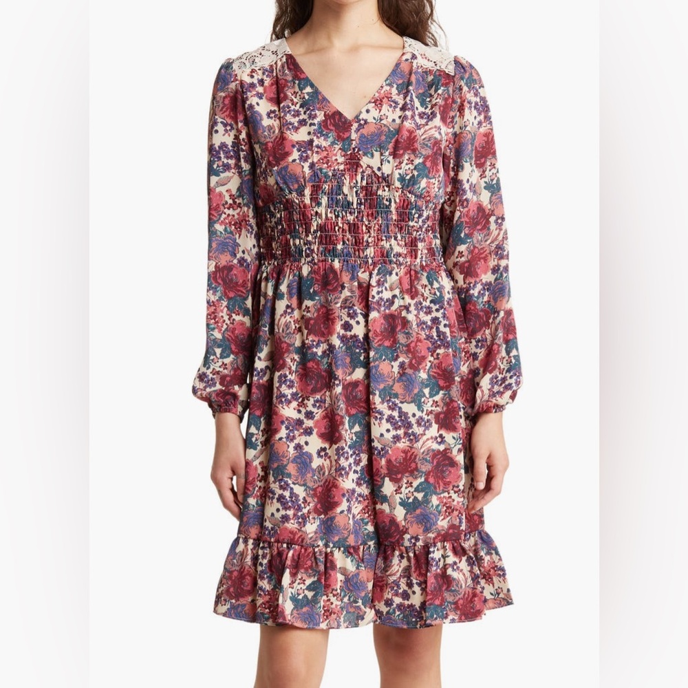 NEW Tahari ASL Floral Long Sleeve Dress in Antique Rose, Burgundy and Cream.
